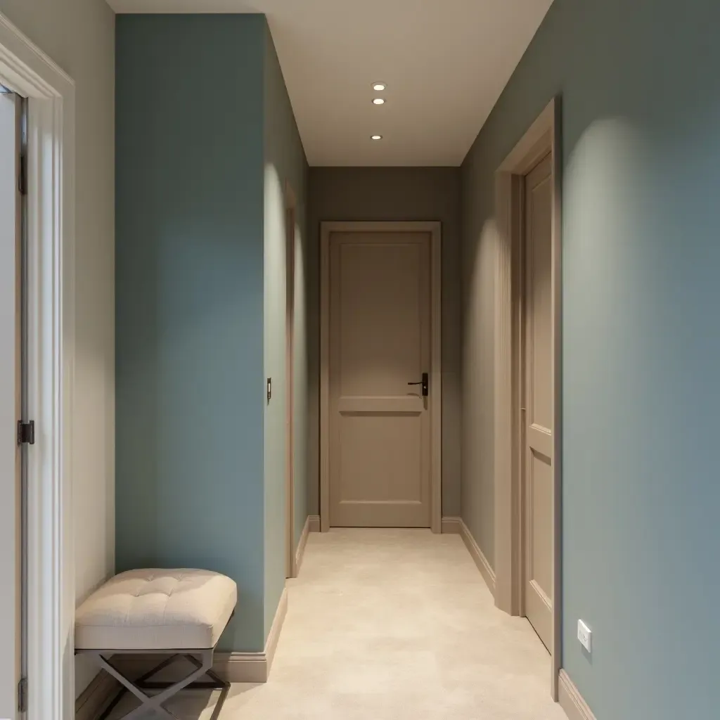 a photo of a serene powder blue and warm taupe hallway