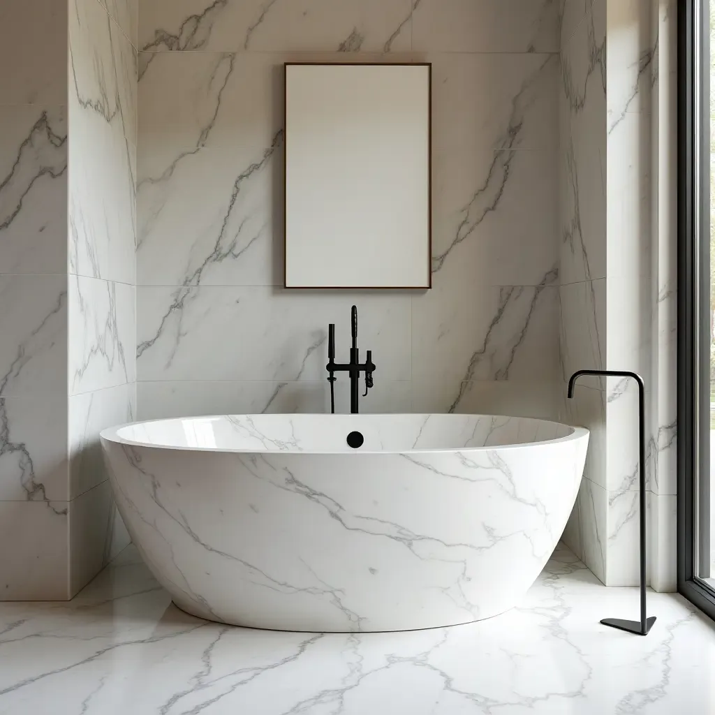 a photo of a modern bathroom showcasing a marble freestanding tub