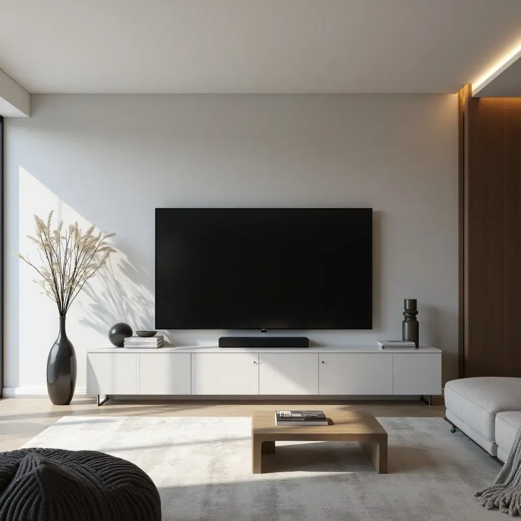 a photo of a sleek TV room with a monochromatic color scheme and modern art