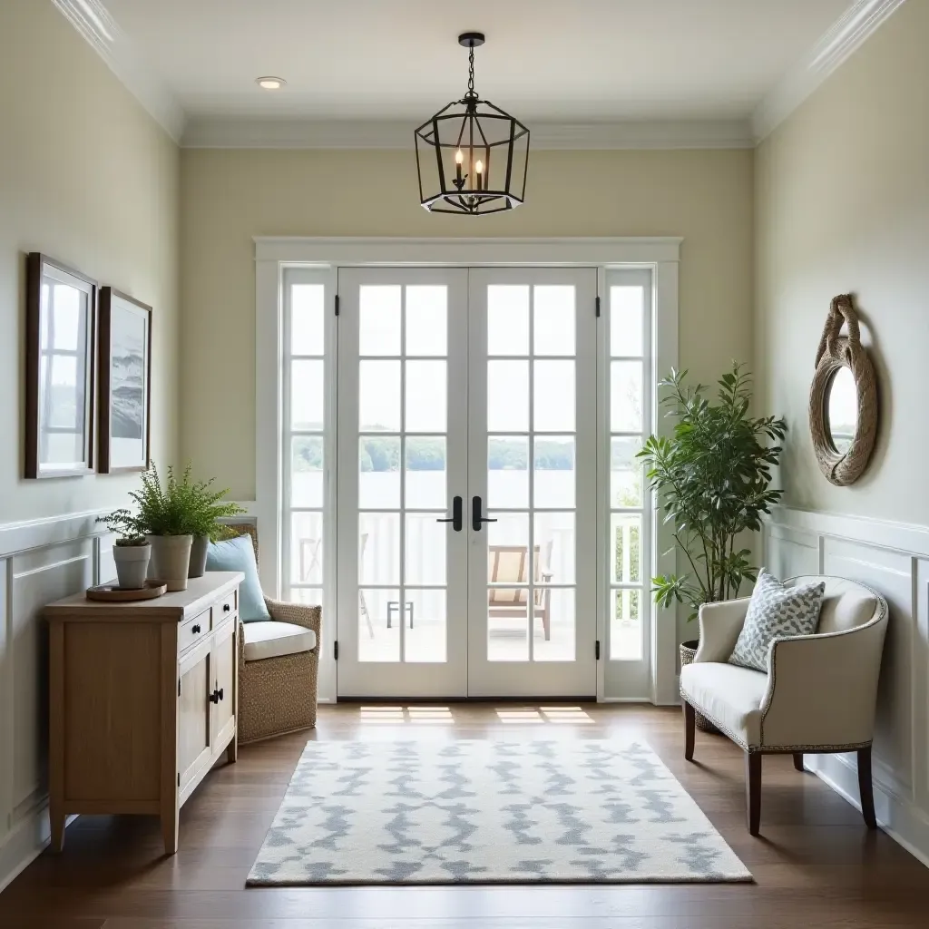 a photo of a coastal-themed foyer with nautical decor and soft colors