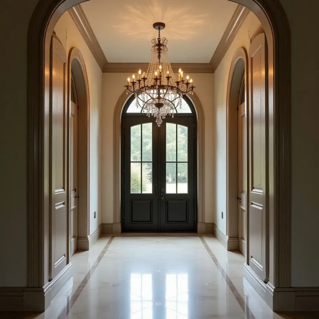 a photo of an entrance hall with a stunning chandelier made of wrought iron