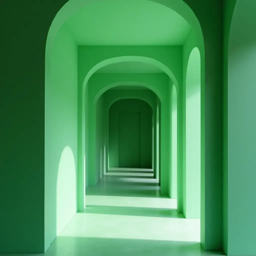 a photo of a vibrant emerald green and soft ivory corridor