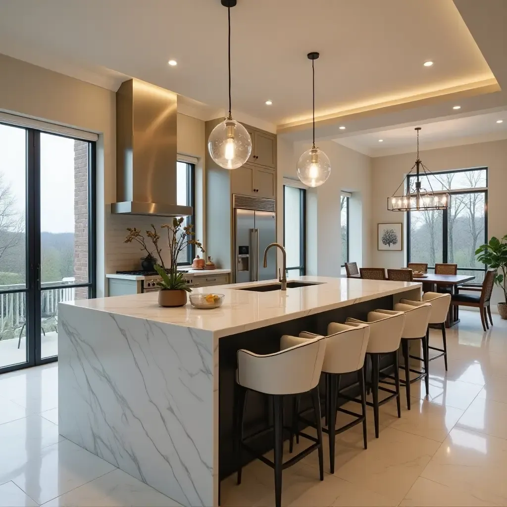 a photo of a luxurious kitchen island with a double sink and elegant seating