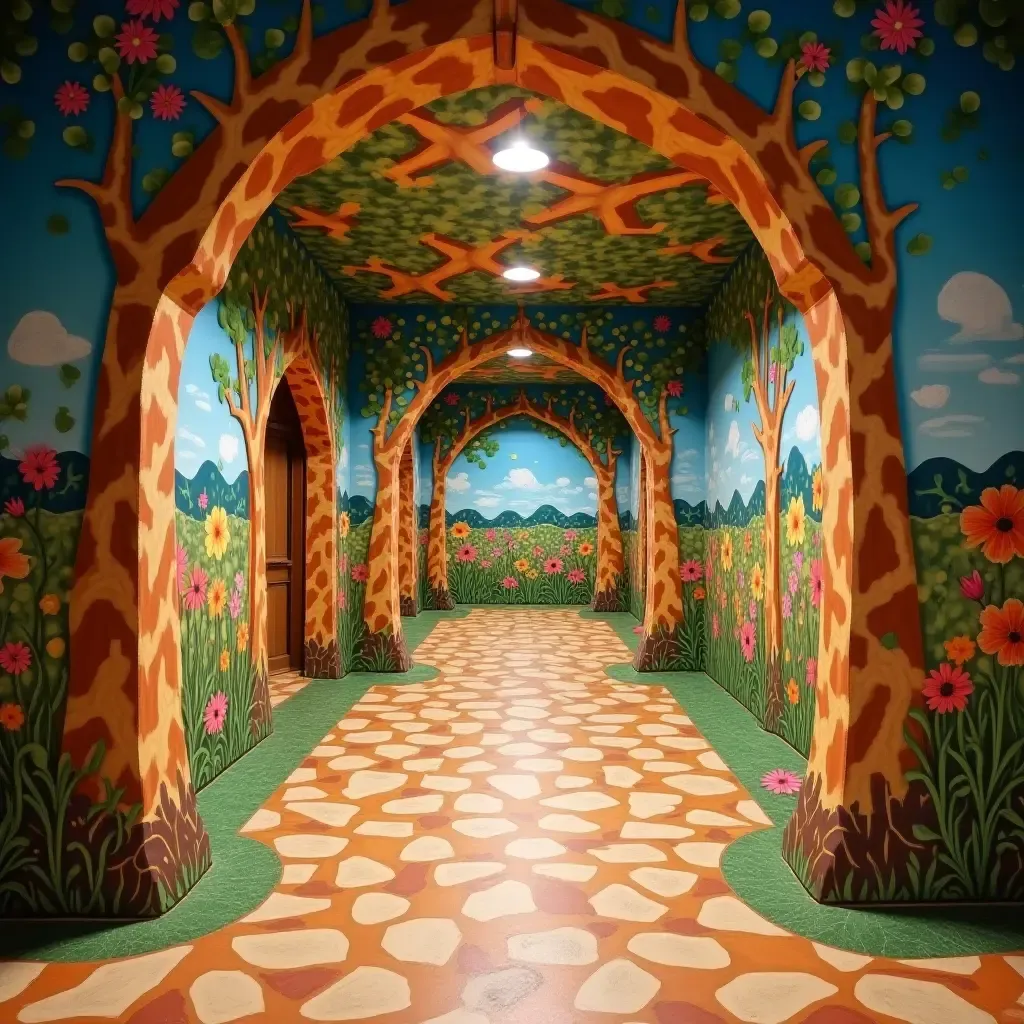 a photo of a whimsical entrance hall with a colorful mural of a fantasy world