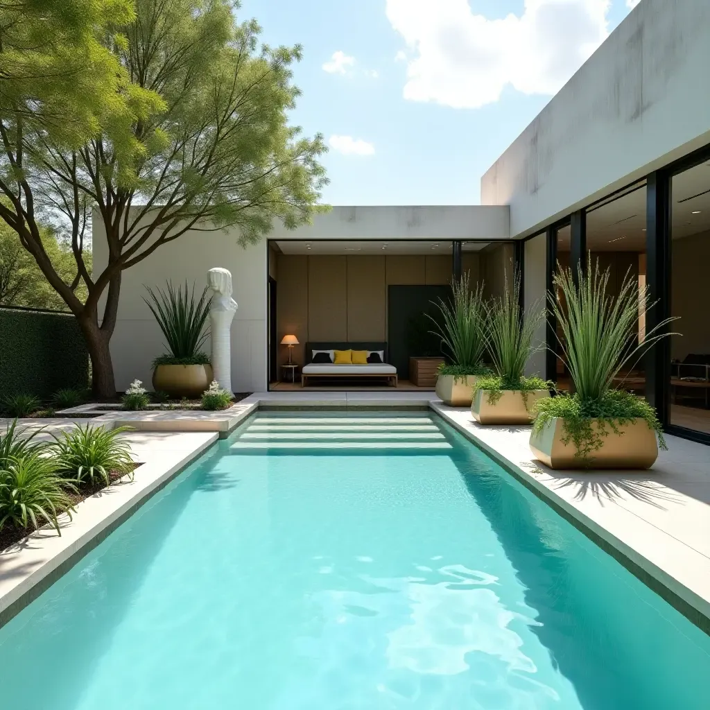 a photo of a pool area with artistic sculptures and unique planters