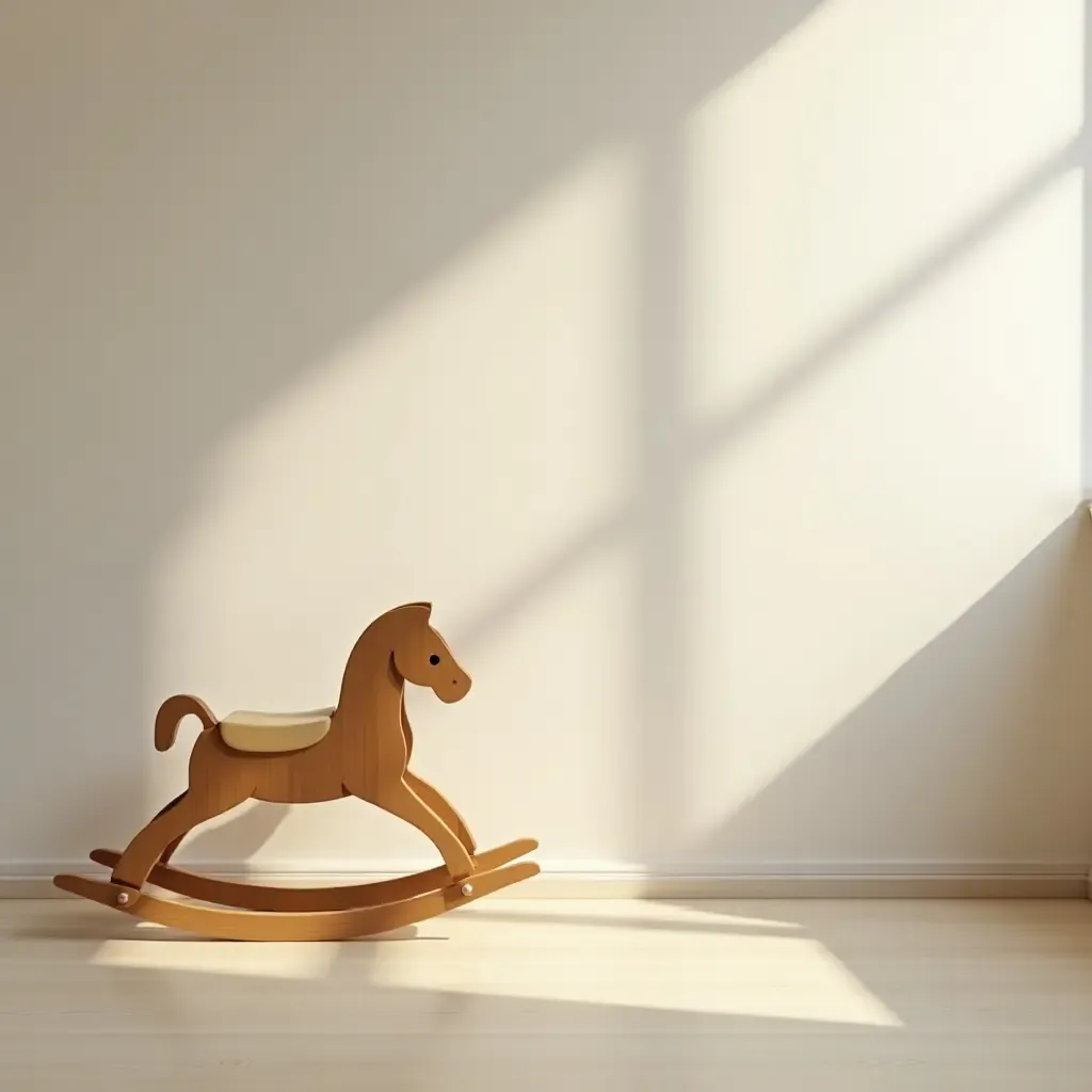 a photo of a tranquil nursery with a wooden rocking horse and soft lighting