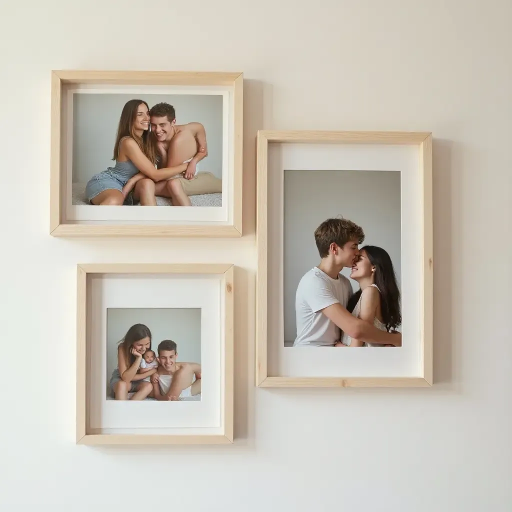 a photo of wooden picture frames showcasing teen memories on a wall