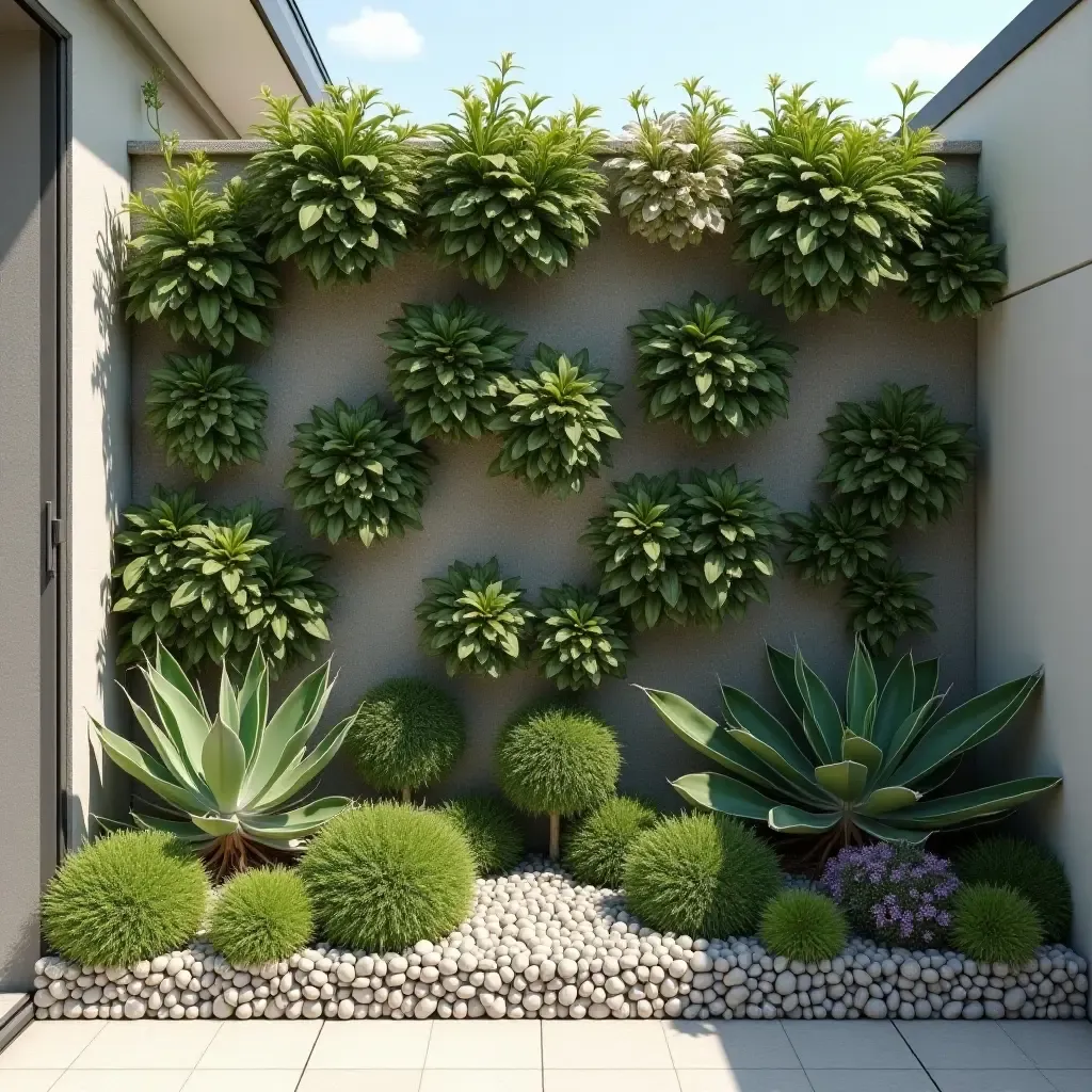 a photo of a minimalist balcony garden wall with succulents and stones