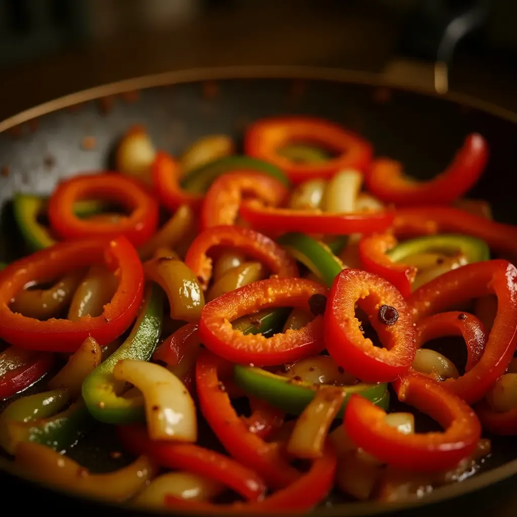 a photo of sizzling vegetarian fajitas with bell peppers and onions