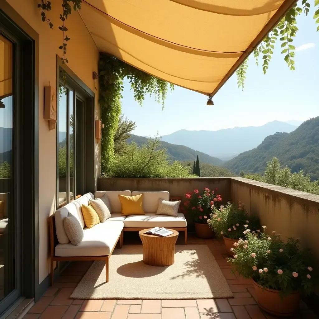 a photo of a balcony with a sunshade and cozy reading nook