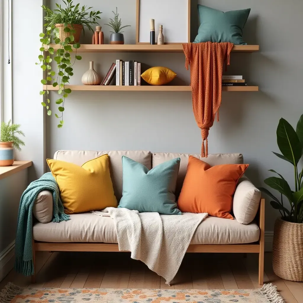 a photo of a balcony shelf decorated with colorful cushions and throws