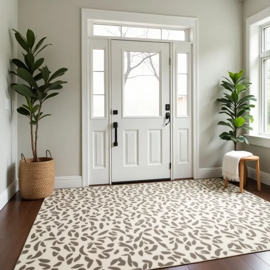 a photo of a nature-inspired rug with leaf patterns in a welcoming entryway