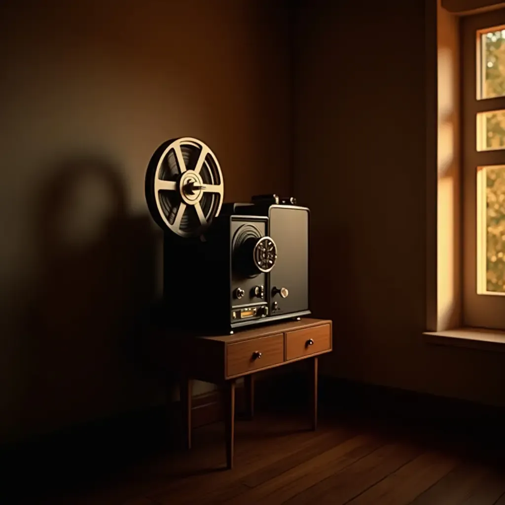 a photo of a classic film projector in a cozy corner