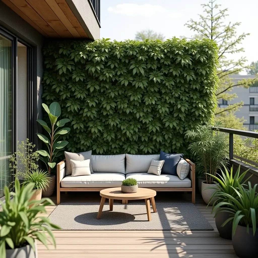 a photo of a balcony with a small vertical wall garden and seating area