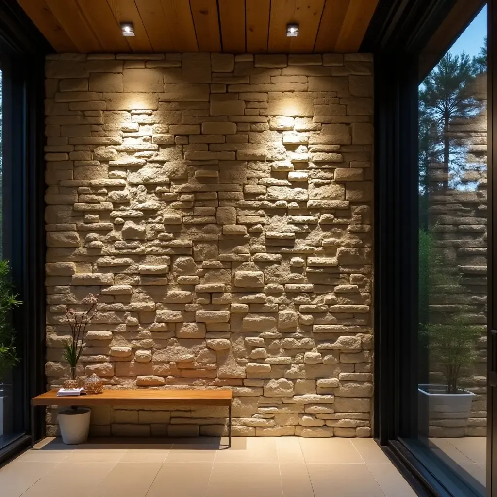 a photo of a contemporary stone wall with integrated lighting