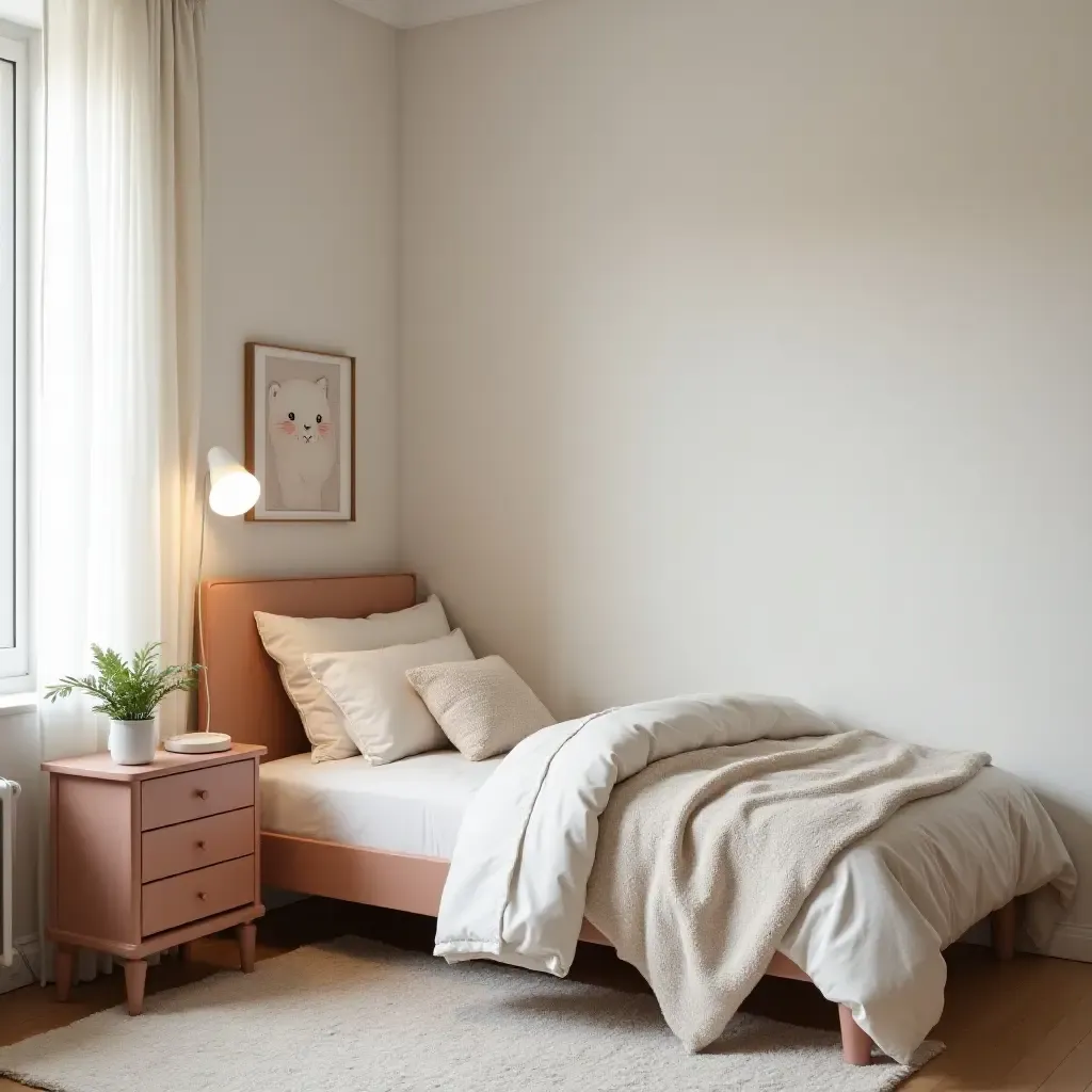 a photo of a chic bedroom for kids with a vintage nightstand and modern lamp