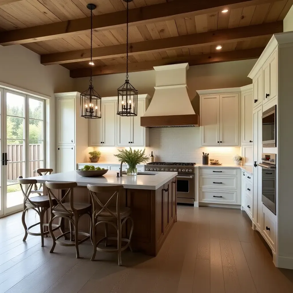 a photo of a rustic brown and cream kitchen with farmhouse appeal