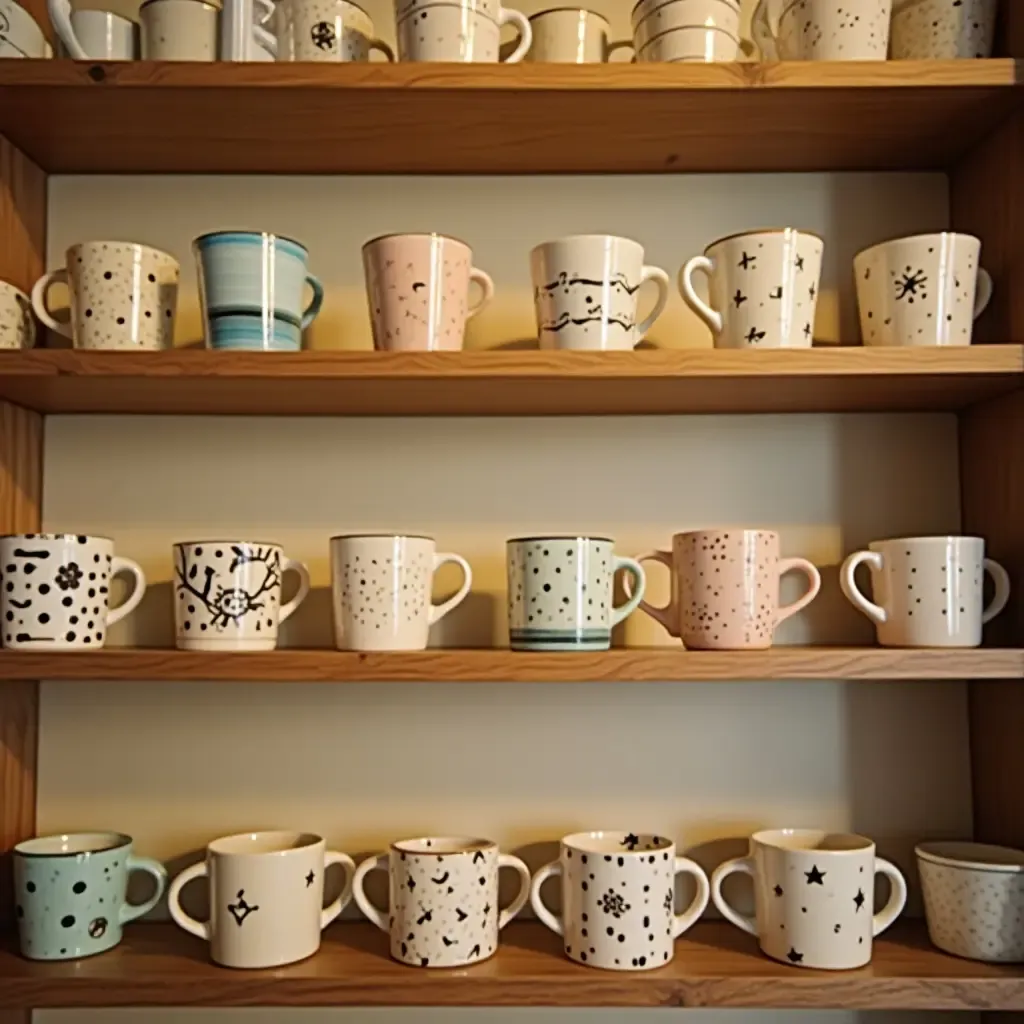 a photo of a bright coffee mug collection displayed on a shelf