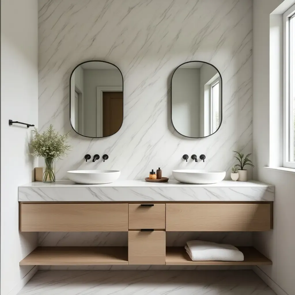 a photo of a bathroom vanity with a beautiful backsplash and stylish fixtures