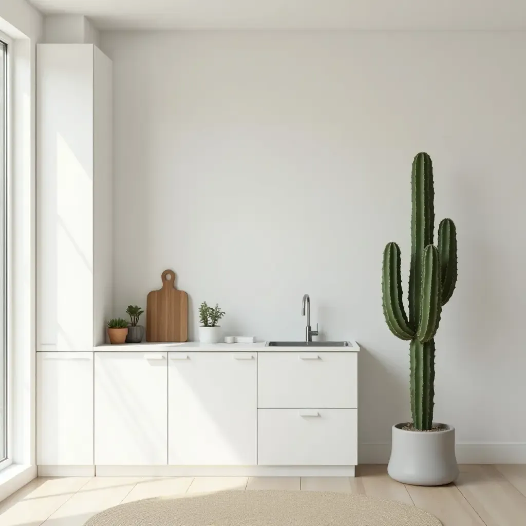 a photo of a minimalist kitchen featuring a single large cactus