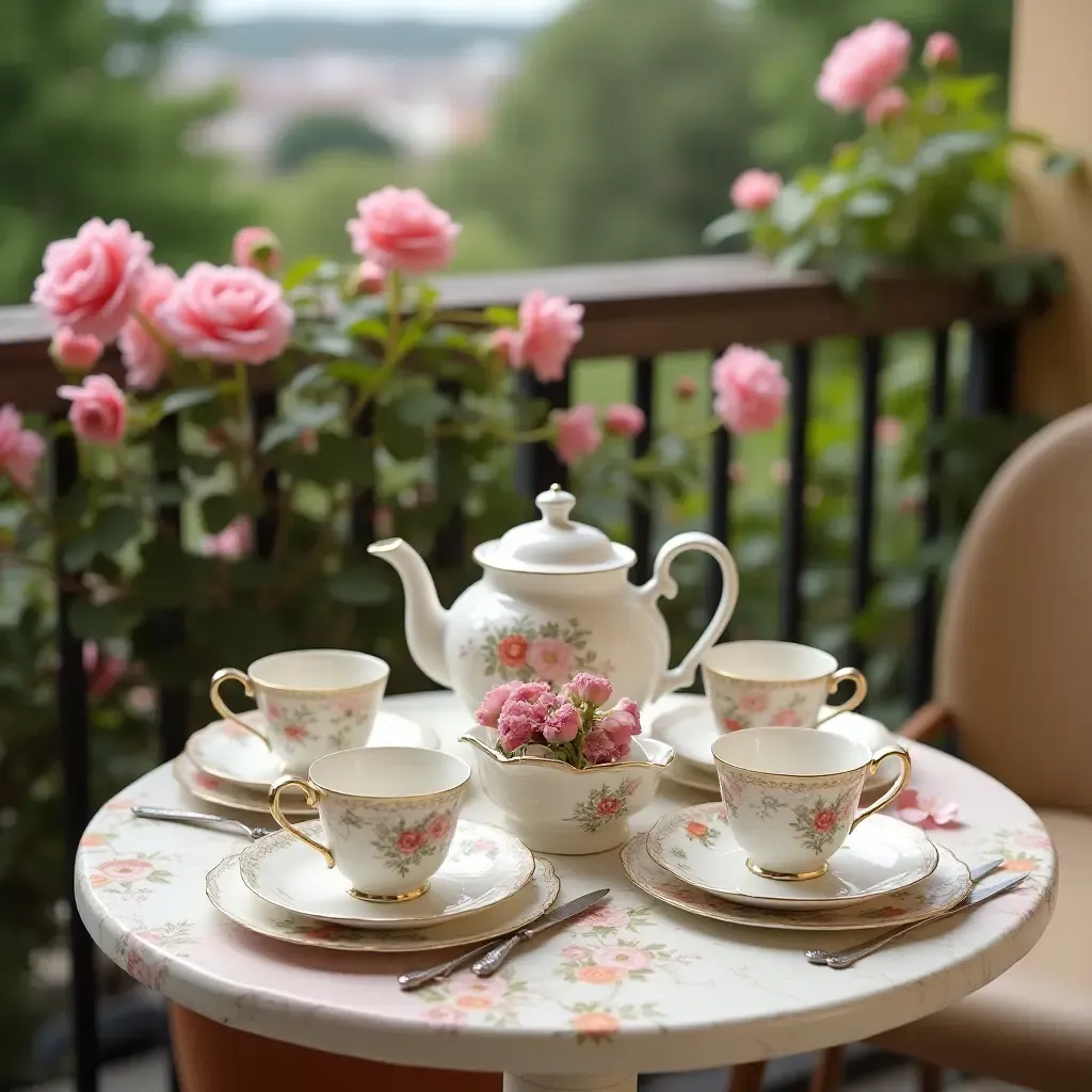 a photo of a vintage tea set on a balcony table surrounded by flowers