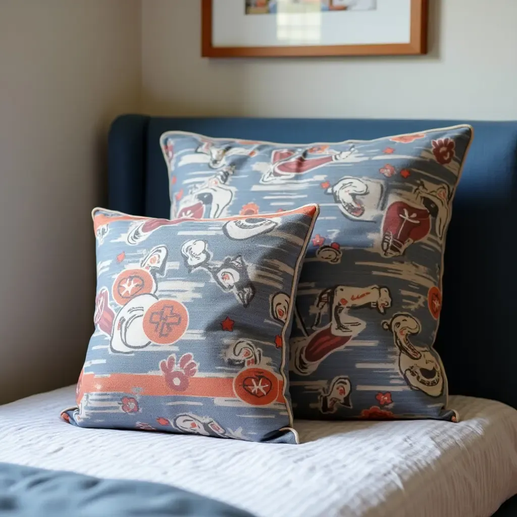 a photo of throw pillows with sports themes in a boy&#x27;s room