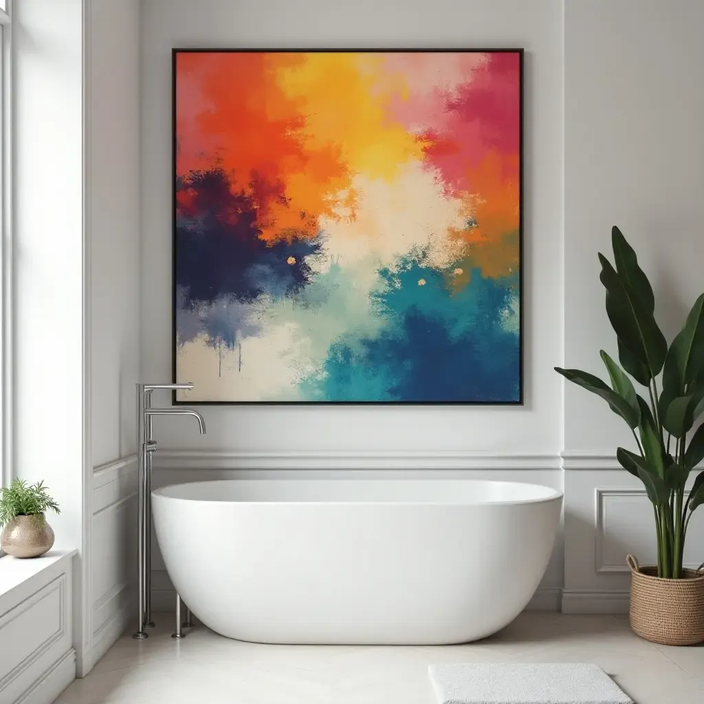 a photo of a colorful abstract painting on a bathroom wall