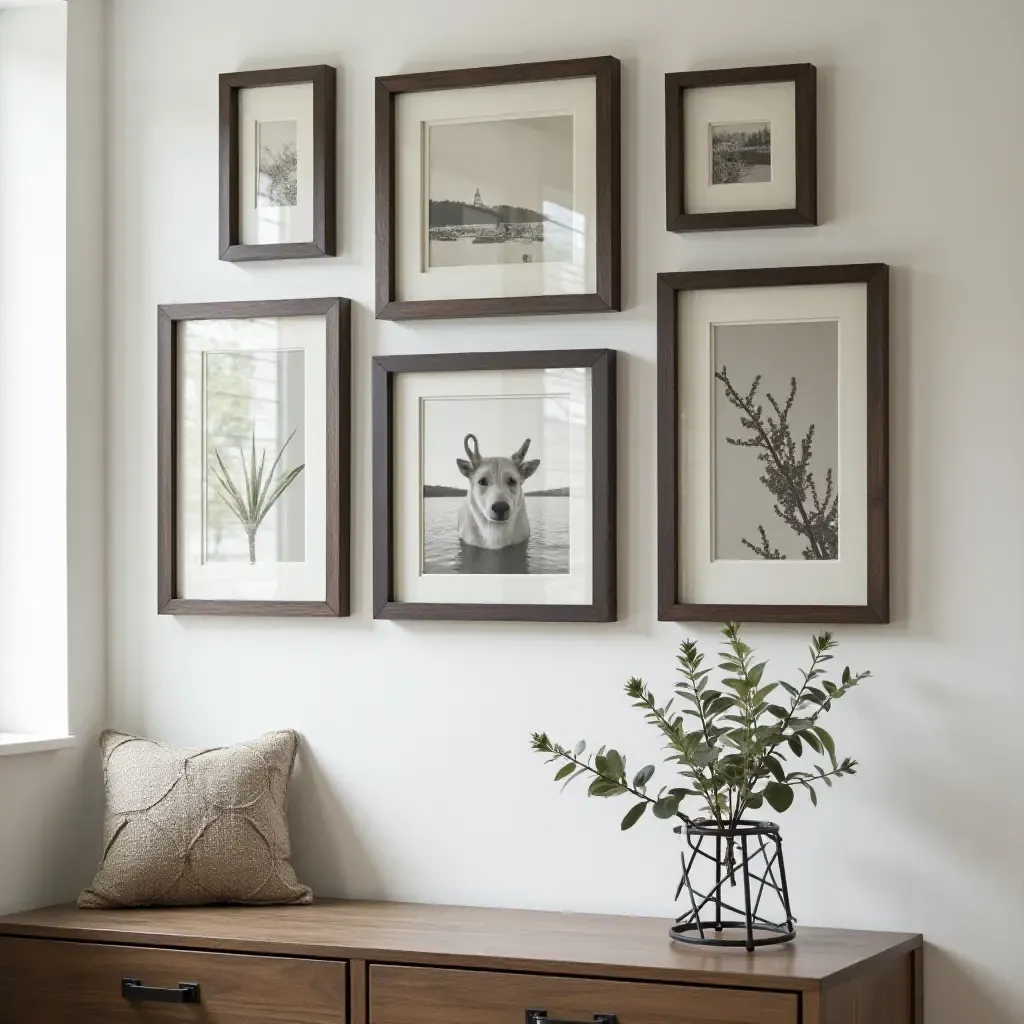 a photo of a gallery wall with an industrial style and metal frames