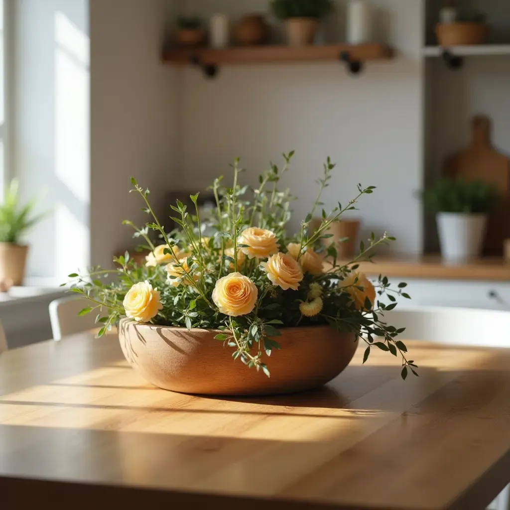 a photo of a wooden table centerpiece in a kitchen