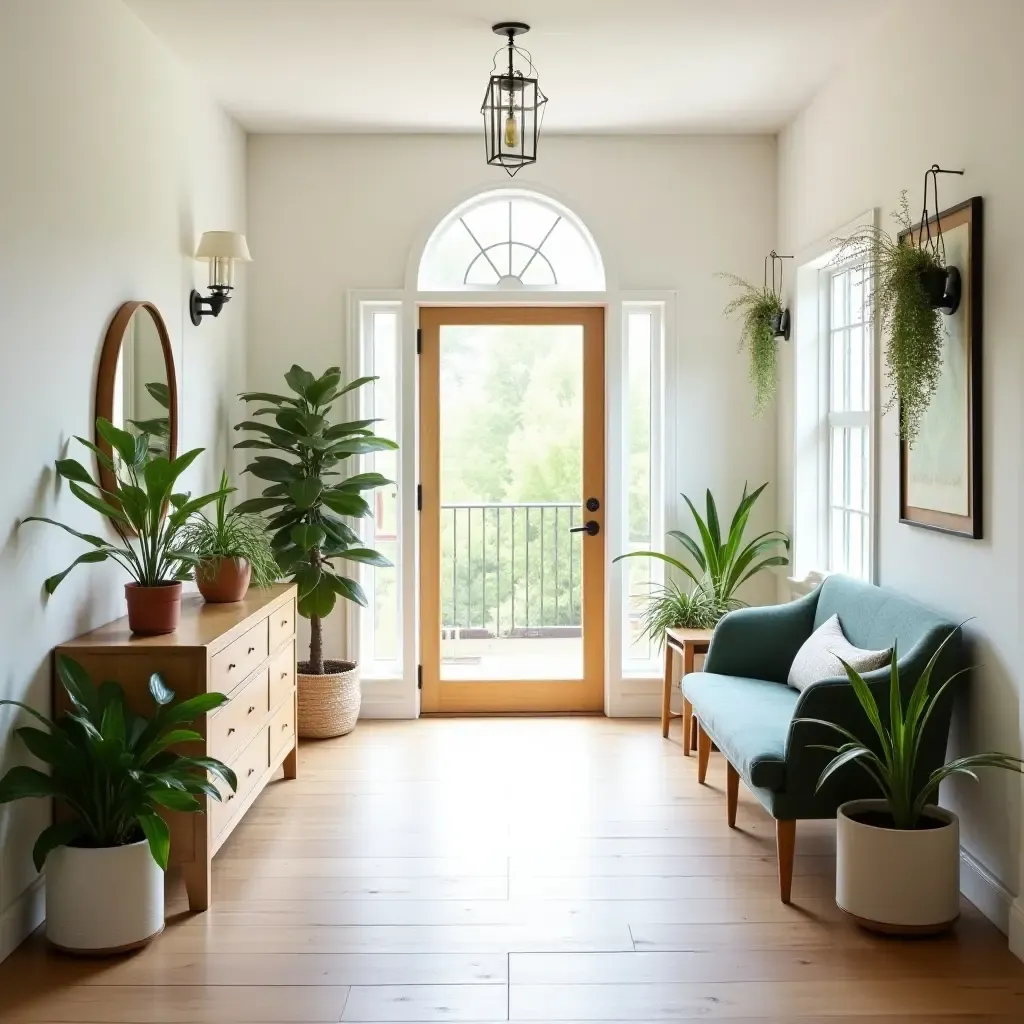 a photo of a bright entry hall featuring a mix of hanging and table plants