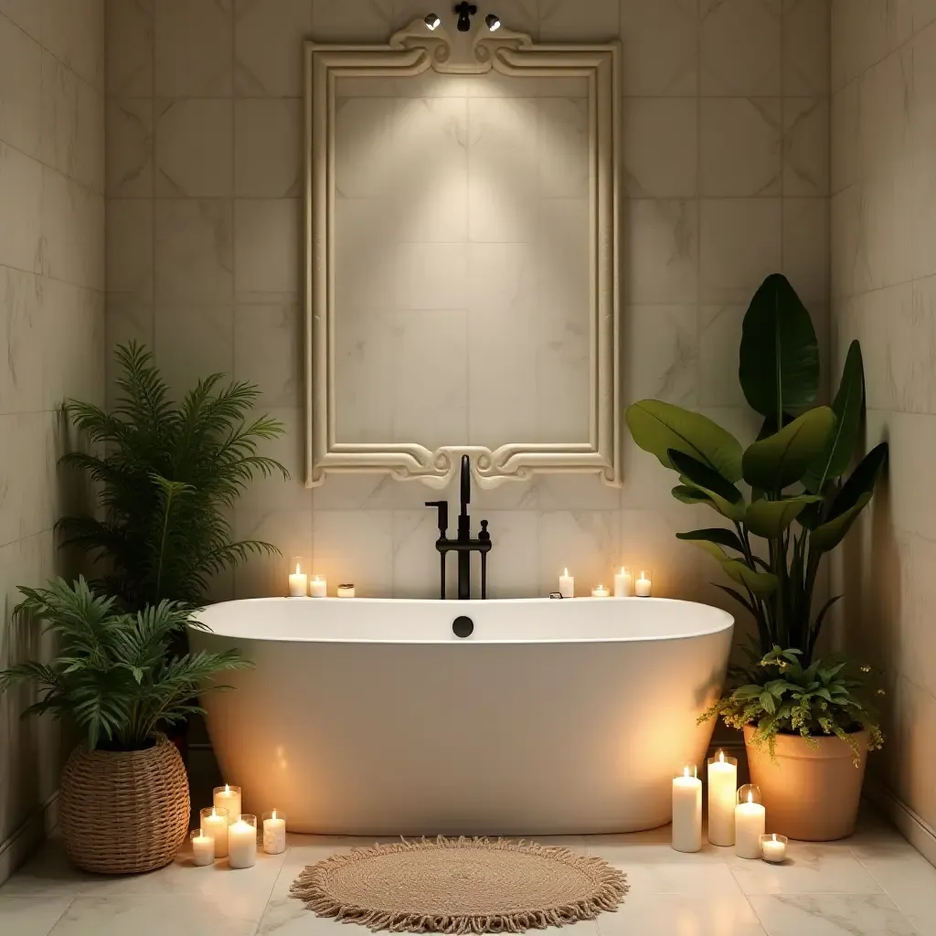 a photo of a small bathroom with a bathtub surrounded by plants and candles