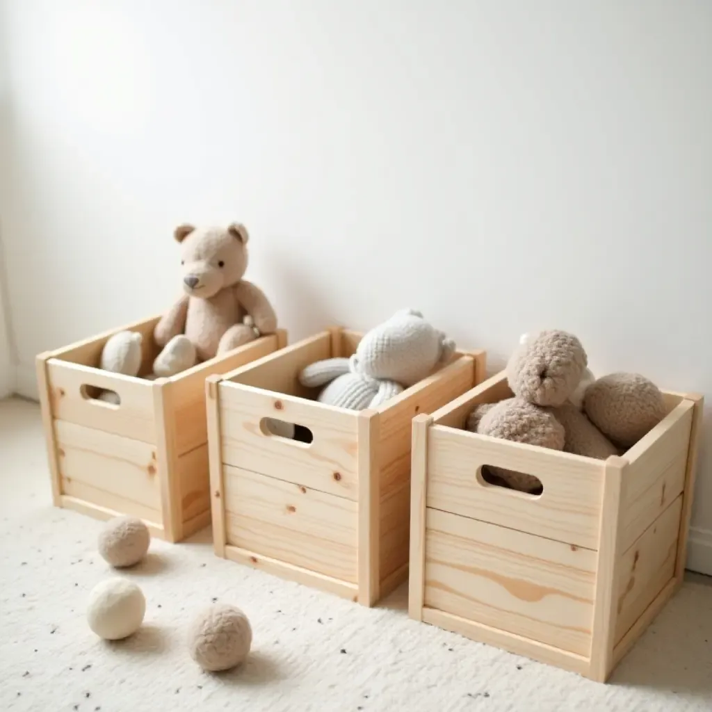 a photo of a nursery with wooden storage bins for toys