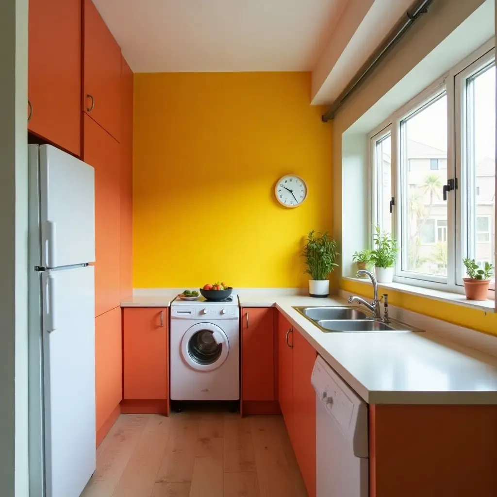 a photo of a small kitchen with vibrant wall paint