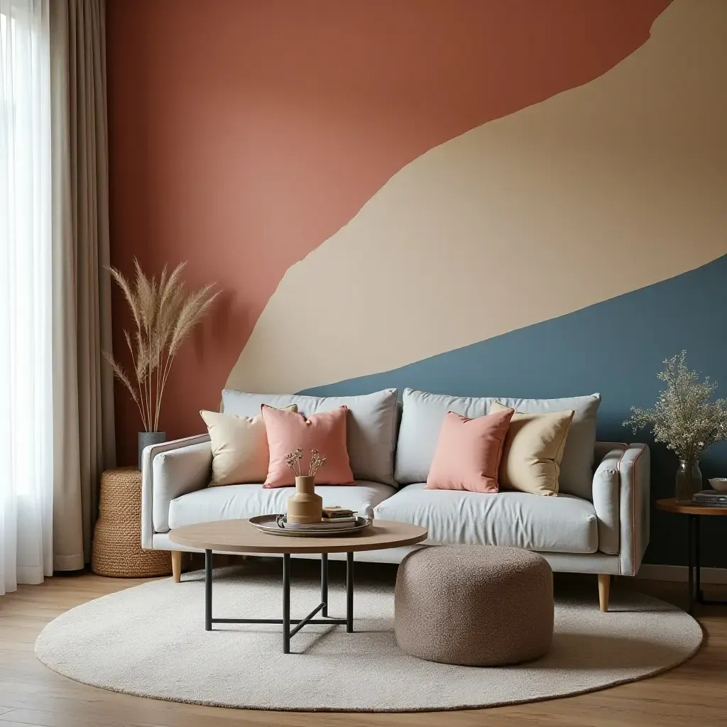 a photo of a bold accent wall with wallpaper or paint in a living area