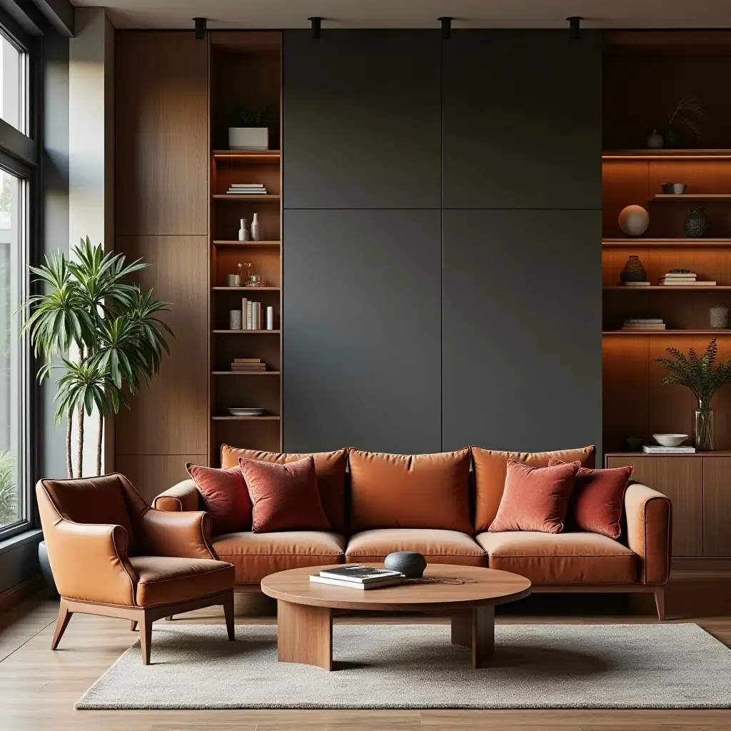 a photo of a living room with velvet cushions, wooden shelves, and leather chairs