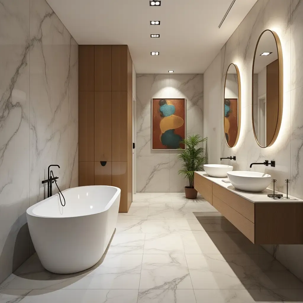 a photo of a stylish bathroom with contrasting tile colors and modern art