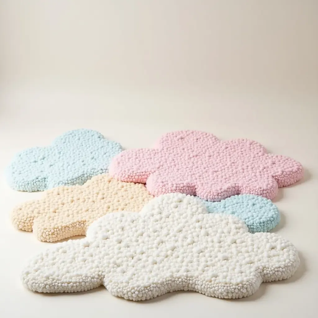 a photo of a whimsical cloud-patterned rug with pastel colors