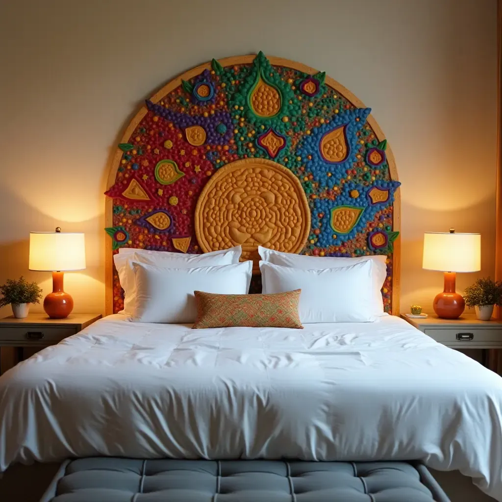 a photo of a cozy bed with a vibrant, artistic headboard