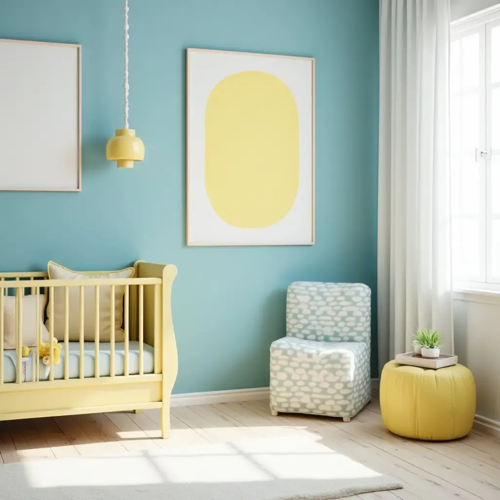 a photo of a nursery decorated in soft blue and cheerful yellow