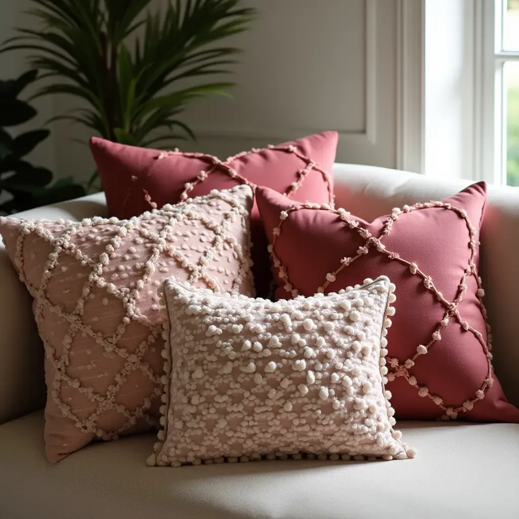 a photo of decorative throw pillows in luxurious fabrics