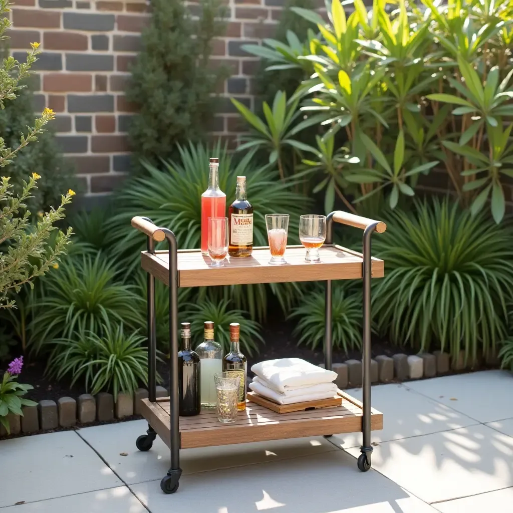 a photo of a stylish outdoor bar cart on a 12x12 patio