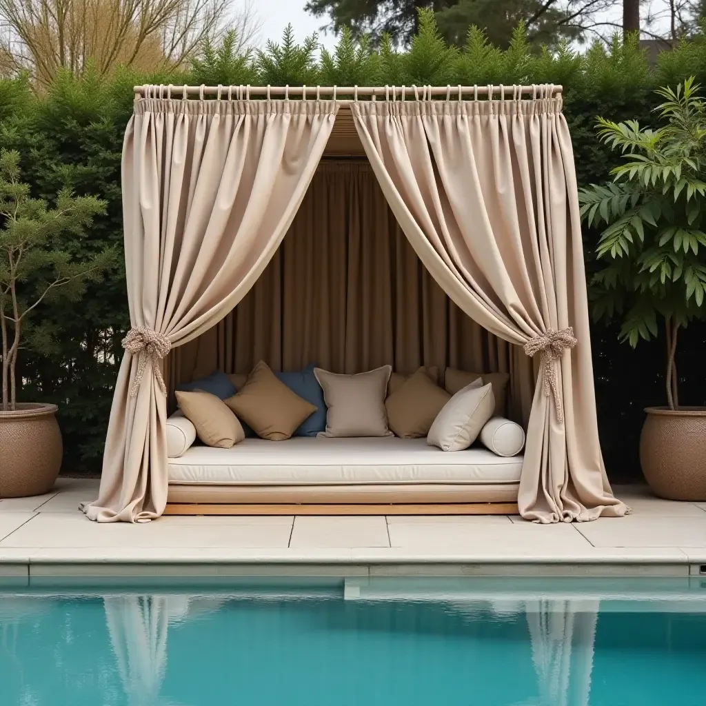 a photo of a chic cabana with curtains and plush seating by the pool