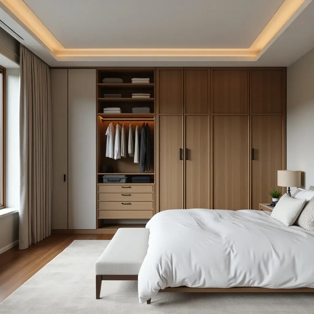 a photo of a master bedroom with a walk-in closet and organized storage solutions