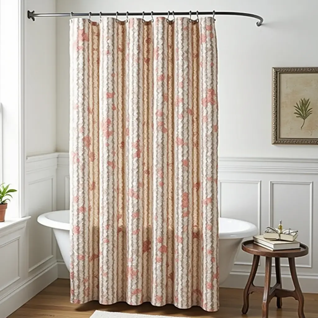 a photo of a decorative shower curtain made from fabric scraps