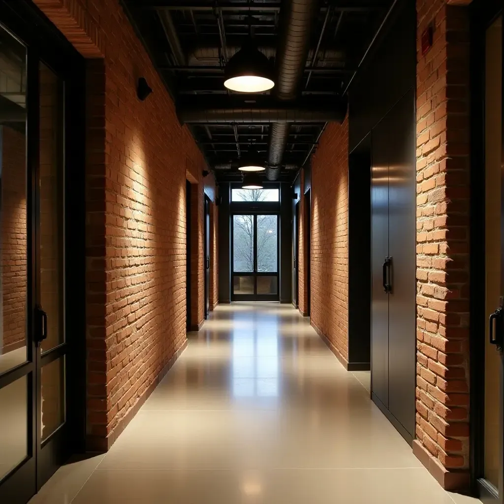 a photo of an industrial-style corridor with exposed brick and metal accents