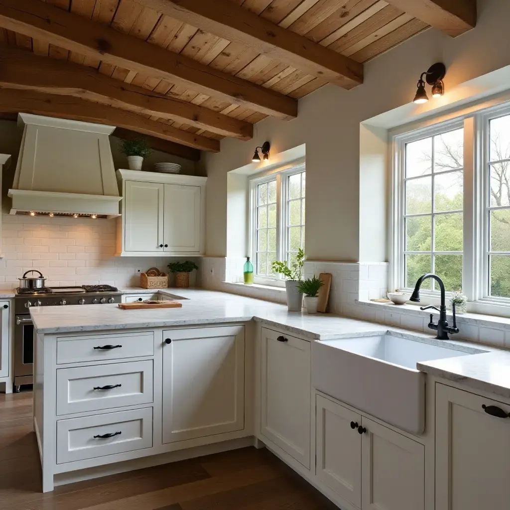 a photo of a rustic kitchen with exposed beams and a large farmhouse sink