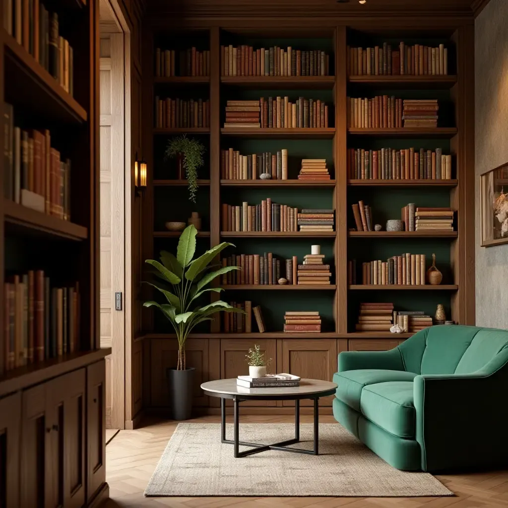 a photo of a rustic brown and green library with natural wood accents