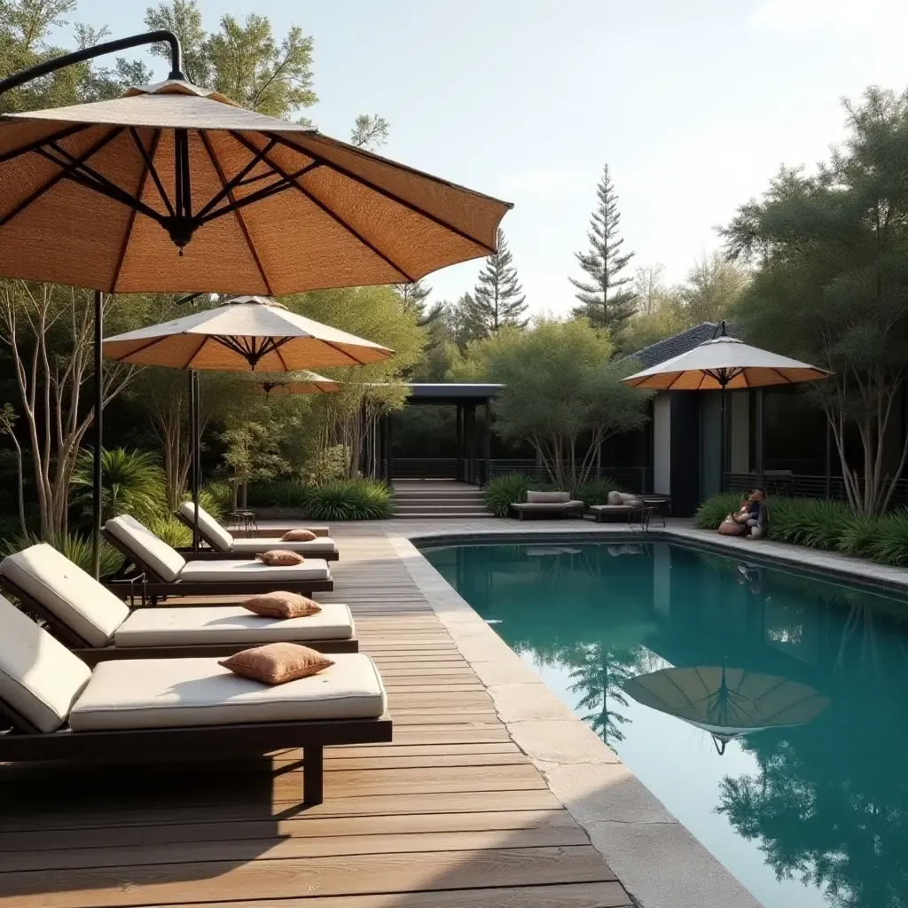 a photo of a cozy poolside setting featuring textured fabric umbrellas, rustic wooden decking, and sleek metal railings