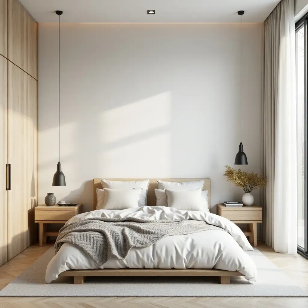 a photo of a stylish Scandinavian bedroom showcasing geometric patterns and light woods