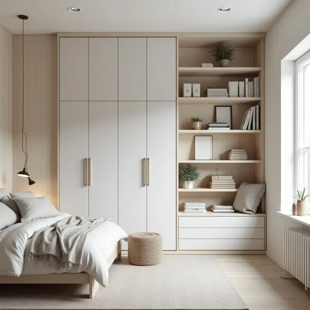 a photo of a functional Scandinavian teen bedroom with ample storage and an organized layout